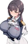  1girl absurdres arms_under_breasts ascot black_hair breasts brown_eyes epaulettes gloves goddess_of_victory:_nikke highres huge_breasts marciana_(nikke) military_uniform name_tag nineru pants solo straight_hair tight_clothes tight_pants uniform white_gloves white_pants 