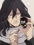  ... 1boy bags_under_eyes bloodshot_eyes boku_no_hero_academia eraser_head_(boku_no_hero_academia) facial_hair goatee grey_background grey_scarf hair_between_eyes holding holding_toy lego long_sleeves looking_at_object male_focus mustache rnuyvm scar scar_on_face scarf simple_background solo sparse_stubble spoken_ellipsis sweatdrop toy 