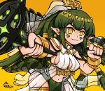 1girl arknights armlet armpits artist_logo artist_name bracelet breasts chainsaw cleavage crocodile_girl crocodilian_tail cut_bangs dreadlocks egyptian egyptian_clothes gavial_(arknights) green_hair highres holding holding_chainsaw holding_weapon jewelry long_hair looking_at_viewer midriff official_alternate_costume official_alternate_hairstyle pelvic_curtain pointy_ears revealing_clothes sideboob sogin solo tail weapon yellow_background yellow_eyes yellow_headwear 