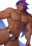  1boy abs absurdres bara bhima_(fate) crotch_plate dark-skinned_male dark_skin dot_pupils fate/grand_order fate_(series) feet_out_of_frame highres jockstrap large_pectorals light_smile long_hair male_focus male_underwear mikicat muscular muscular_male nipples pectorals purple_eyes purple_hair sideburns solo stomach thick_thighs thighs topless_male underwear v-shaped_eyebrows 