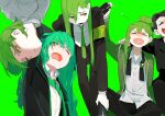  5boys absurdres armband black_hair black_jacket black_pants drunk giovanni_(project_moon) green_background green_necktie hamelon310 highres jacket library_of_ruina lobotomy_corporation long_hair multiple_boys multiple_persona necktie netzach_(project_moon) one_eye_closed open_mouth pants project_moon roland_(library_of_ruina) very_long_hair yawning yellow_eyes 