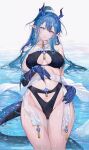  1girl arknights black_collar blue_eyes blue_hair breasts cleavage_cutout clothing_cutout collar colored_skin dragon_girl dragon_horns dragon_tail earrings hair_between_eyes highres horns jewelry ling_(arknights) long_hair long_tail looking_at_viewer lying medium_breasts navel partially_submerged qiandaiyiyu ribbon single_strap smile solo stomach tail teeth thighs white_ribbon 
