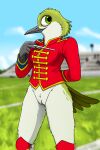  absurd_res anthro avian bird boots bottomless clothed clothing conductor cute_expression exhibitionism female fish_birb footwear genitals hi_res hummingbird knee_highs legwear marching_band marching_band_uniform outside pussy sarah_(fish_birb) solo stick uniform 