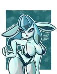  absurd_res anthro blue_body blue_fur clothing eeveelution english_text fan_character female fur generation_4_pokemon glaceon hi_res humanoid nintendo patatero69 pokemon pokemon_(species) solo swimwear text 