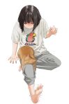  1girl arm_support barefoot black_hair blush cat clenched_hand closed_eyes commentary_request feet full_body grey_pants invisible_chair mattaku_mousuke medium_hair orange_cat original oversized_clothes oversized_shirt pants shirt sidelocks sitting soles solo sweatdrop t-shirt toenails toes trembling white_shirt 