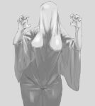  1girl absurdres breasts covered_face cowboy_shot grey_background grey_theme greyscale hands_up highres kida_eve large_breasts monochrome original simple_background solo wide_sleeves 