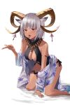  1girl animal_ears arknights arm_support bare_shoulders barefoot black_one-piece_swimsuit breasts carnelian_(arknights) carnelian_(shimmering_dew)_(arknights) casual_one-piece_swimsuit cleavage dark-skinned_female dark_skin goat_ears goat_girl goat_horns grey_hair highres horns jewelry kneeling medium_breasts off_shoulder official_alternate_costume one-piece_swimsuit partially_submerged red_eyes short_hair solo swimsuit tongue tongue_out wuzhu_nis 