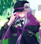  1girl adjusting_eyewear belt black_belt black_headwear black_jacket black_skirt cabbie_hat closed_mouth commentary_request fate/grand_order fate_(series) glasses hat highres jacket long_hair long_sleeves looking_at_viewer medusa_(fate) medusa_(saber)_(fate) miya_28o pink-tinted_eyewear pink_hair ponytail round_eyewear sidelocks skirt solo sunglasses tinted_eyewear very_long_hair 