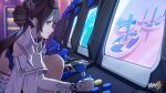  1girl arcade arcade_cabinet bare_legs brown_hair chibi chinese_clothes controller fall_guys highres honkai_(series) honkai_impact_3rd indoors joystick li_sushang li_sushang_(jade_knight) logo official_art official_wallpaper playing_games sitting solo tongue tongue_out upper_body v-shaped_eyebrows video_game 