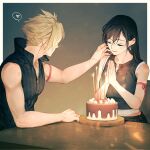  1boy 1girl arm_ribbon bare_shoulders birthday birthday_cake black_hair black_vest blonde_hair breasts cake closed_eyes closed_mouth cloud_strife commentary couple crop_top earrings final_fantasy final_fantasy_vii final_fantasy_vii_advent_children food hair_behind_ear hands_up happy_birthday heart high_collar highres jewelry light_blush long_hair maiii_(smaii_i) medium_breasts midriff_peek own_hands_together red_ribbon ribbon single_earring sitting smile spiked_hair spoken_heart symbol-only_commentary table tank_top teardrop_earring tifa_lockhart twitter_username upper_body vest white_tank_top 