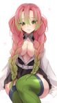  1girl belt breasts demon_slayer_uniform gradient_hair green_eyes green_hair green_thighhighs highres hiroside kanroji_mitsuri kimetsu_no_yaiba large_breasts long_hair looking_at_viewer mole mole_under_eye multicolored_hair no_bra partially_unbuttoned pink_hair ribbed_legwear ribbed_thighhighs sitting solo thighhighs tri_braids white_background white_belt 