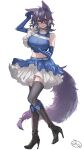  1girl animal_ear_fluff animal_ears black_footwear black_thighhighs blue_gloves blue_skirt boots breasts elbow_gloves eyepatch fox_ears fox_tail full_body gloves hair_between_eyes high_heel_boots high_heels highres kantai_collection knee_boots large_breasts mizoredama1 navel purple_hair short_hair signature simple_background skirt smile solo tail tenryuu_(kancolle) thighhighs white_background white_skirt yellow_eyes 