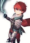  1boy adol_christin ahoge arm_guards armor black_eyes cape gloves highres kumakosion looking_at_viewer pauldrons red_hair short_hair shoulder_armor simple_background smile smoke solo white_background ys ys_ix_monstrum_nox 