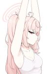  1girl ahoge armpits arms_up bare_arms bare_shoulders blue_archive breasts bright_pupils camisole cleavage closed_mouth collarbone eyelashes from_side furrowed_brow hair_between_eyes half-closed_eyes halo highres jitome jorin long_hair natsu_(blue_archive) pale_skin pink_eyes pink_hair side_ponytail sideboob small_breasts solo upper_body white_background white_camisole white_pupils 