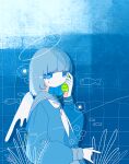  1girl absurdres anemone_(flower) blue_eyes blue_hair blue_sailor_collar blue_serafuku blue_shirt blue_skirt blue_theme colored_inner_hair dot_mouth fish flower from_side grey_hair halo highres holding holding_phone jitome long_bangs long_sleeves looking_at_viewer medium_hair multicolored_hair neckerchief no_pupils original phone pleated_skirt puffy_sleeves sailor_collar school_uniform serafuku shirt sidelocks skirt solo sparkle sskitaco tearing_up tile_wall tiles upper_body white_neckerchief white_wings wings 