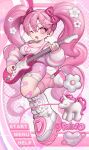  1girl ;d absurdres boots bow breasts cleavage electric_guitar fishnet_pantyhose fishnets flower guitar hair_bow hair_flower hair_ornament hairclip highres holding holding_instrument holding_plectrum instrument large_breasts leg_up long_hair mino_(kirarayakubou) music one_eye_closed open_mouth original pantyhose pink_bow pink_eyes pink_hair pink_skirt playing_instrument plectrum skirt smile solo stuffed_animal stuffed_toy stuffed_unicorn sweater twintails white_footwear x_hair_ornament 