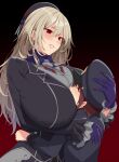  1boy 1girl admiral_(kancolle) age_difference atago_(kancolle) black_headwear blonde_hair blue_gloves breast_smother breasts brown_hair chevron_(symbol) closed_eyes dark_persona face_to_breasts frilled_sleeves frills fur_trim gloves gradient_background grey_shirt hair_between_eyes hand_on_another&#039;s_head hand_on_another&#039;s_hip hat height_difference hetero highres hug huge_breasts kantai_collection kloah little_boy_admiral_(kancolle) long_hair military military_hat military_uniform naval_uniform onee-shota red_eyes shirt uniform 