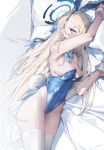  1girl animal_ears arm_up armpits bare_arms bare_shoulders bed_sheet blonde_hair blue_archive blue_bow blue_bowtie blue_eyes blue_hair blue_leotard blue_ribbon blush bow bowtie braid breasts cleavage covered_mouth earrings fake_animal_ears fake_tail french_braid groin haine_1871 hair_ribbon half-closed_eyes halo head_on_pillow highleg highleg_leotard highres jewelry leotard long_hair looking_at_viewer lying medium_breasts multicolored_hair official_alternate_costume on_side pillow playboy_bunny rabbit_ears rabbit_tail ribbon solo strapless strapless_leotard streaked_hair tail thighhighs thighs toki_(blue_archive) toki_(bunny)_(blue_archive) very_long_hair white_background white_thighhighs white_wrist_cuffs wrist_cuffs 