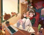  1girl barefoot blush book bookshelf brown_eyes brown_hair cat computer disembodied_limb feet feet_on_table foot_tickling headphones highres holding holding_pencil lamp laptop laughing lofi_girl lofi_girl_(youtube) one_eye_closed pen pencil pillow ponytail ray-art2.0 scissors soles tabby_cat tickling toes 