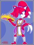  absurd_res anthro big_breasts breasts clothed clothing digital_media_(artwork) fan_character female fire fur hair hi_res humanoid knife long_hair ninja nipples purple_eyes red_body red_fur red_hair redeye_samurai_(artist) sega simple_background smile solo sonic_the_hedgehog_(series) tail warrior weapon 