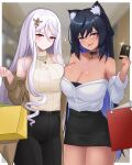  2girls absurdres alternate_costume animal_ear_fluff animal_ears bag bare_shoulders bell black_hair breasts carmen_(counter:side) chest_tattoo cleavage counter:side credit_card dark-skinned_female dark_skin highres large_breasts long_hair looking_at_viewer maestra_nequitia multiple_girls neck_bell purple_eyes royalmonkey shopping_bag tattoo white_hair 