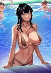  1girl 2boys absurdres arm_support bikini black_eyes black_hair blush breasts brown_hair collarbone day hair_intakes half-closed_eyes head_tilt highres huge_breasts long_hair lynus multiple_boys naoko-san original outdoors pool side-tie_bikini_bottom swimsuit 