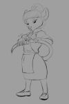  2022 anthro apron claws clothing digit_ring dress ear_piercing female finger_claws footwear furgonomics greyscale hair half-closed_eyes hi_res jewelry looking_down mammal monochrome mouse murid muriel_(omny87) murine narrowed_eyes omny87 onomatopoeia piercing ponytail ring rodent rolled_up_sleeves shoes solo sound_effects standing tail tail_clothing tail_stocking text undressing wedding_ring whiskers 