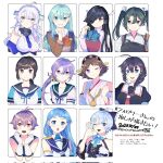  6+girls akebono_(kancolle) aqua_hair black_hair blazer blue_hair bow braid breasts brown_hair brown_jacket character_name clenched_hands closed_mouth dennou_shoujo_youtuber_siro eto_(etonomemo1008) fubuki_(kancolle) gloves green_eyes green_hair grin hair_between_eyes hair_bow hair_ornament hair_over_one_eye hair_ribbon hairclip hatsushimo_(kancolle) headgear hiei_(kancolle) highres jacket japanese_clothes kantai_collection long_sleeves looking_at_viewer multiple_girls muneate neckerchief nontraditional_miko one_eye_closed open_mouth parted_lips ponytail purple_eyes purple_hair ribbon sailor_collar sakawa_(kancolle) samidare_(kancolle) school_uniform serafuku shigure_(kancolle) short_hair short_sleeves single_braid siro_(dennou_shoujo_youtuber_siro) sleeveless smile suzuya_(kancolle) tasuki twintails v virtual_youtuber washington_(kancolle) white_gloves white_hair white_ribbon zuikaku_(kancolle) 