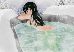  1girl ass asui_tsuyu bathing black_eyes blush boku_no_hero_academia breasts cheese_cat completely_nude green_hair grey_sky highres large_breasts long_hair looking_back nude onsen outdoors overcast sky snowing solo tree turning_head water wet winter 