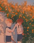  2boys bakugou_katsuki blonde_hair blush boku_no_hero_academia cryptic_(crypt1c) food fruit highres kiss kissing_hand looking_at_another multicolored_hair multiple_boys orange_(fruit) shorts todoroki_shouto 