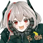  1girl bisaytin blush cheek_squash commission girls&#039;_frontline hair_between_eyes hands_on_own_cheeks hands_on_own_face headgear highres m4_sopmod_ii_(girls&#039;_frontline) mechanical_hands multicolored_hair red_eyes smile solo streaked_hair 