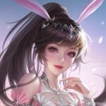  1girl animal_ears bare_shoulders brown_hair closed_mouth collar douluo_dalu falling_petals gleam glitter gradient_sky hair_ornament hand_up ji_hui_zhaoxi long_hair metal_collar petals pink_eyes ponytail rabbit_ears second-party_source sky smile solo upper_body xiao_wu_(douluo_dalu) 