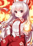  bow bowtie fire fireball fujiwara_no_mokou hair_bow highres long_hair long_sleeves multiple_hair_bows one-hour_drawing_challenge overalls pants red_eyes red_overalls red_pants ruu_(tksymkw) shirt touhou very_long_hair white_hair white_shirt 