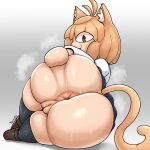  absurd_res ahoge animal_humanoid anus big_butt blonde_hair bodily_fluids bottomwear butt cat_humanoid clothed clothing felid felid_humanoid feline feline_humanoid female footwear genitals hair hi_res huge_butt humanoid legwear looking_at_viewer looking_back lying mammal mammal_humanoid neco-arc no_underwear on_side plump_labia pussy red_eyes shirt shoes skirt smile solo spread_butt spreading sweat sweaty_butt thick_thighs thigh_highs topwear tsukihime type-moon yenvudu 