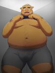  2023 anthro belly big_belly blush bulge clothed clothing clothing_lift hi_res kemono kick_(artist) male mammal moobs navel nipples overweight overweight_male shirt shirt_lift solo suid suina sus_(pig) topwear underwear wild_boar 