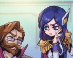  1boy 1girl battle_academia_caitlyn battle_professor_graves beard blue_eyes blue_hair blush brown_hair caitlyn_(league_of_legends) eye_contact facial_hair graves_(league_of_legends) hair_ornament hand_up jacket league_of_legends long_hair long_sleeves looking_at_another mustache phantom_ix_row pink_hair portrait semi-rimless_eyewear sweatdrop white_jacket 