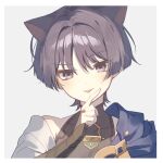  1boy animal_ears border cat_boy cat_ears clothing_request genshin_impact highres japanese_clothes light_blue_background long_sleeves looking_at_viewer male_focus purple_eyes purple_hair red_eyeliner scaramouche_(genshin_impact) short_hair sk20864 solo tongue tongue_out wanderer_(genshin_impact) white_border 