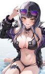  1girl bikini black_bikini black_choker black_hair black_nails breasts choker cleavage coat commentary eyewear_on_head fangs fur-trimmed_coat fur_trim highres hololive hololive_english in_water lace lace_choker large_breasts long_hair looking_at_viewer midriff multicolored_hair navel off_shoulder open_clothes open_coat open_mouth shiori_novella shuvi_(shuvi1125) simple_background sitting smile solo split-color_hair sunglasses swimsuit symbol-only_commentary thigh_strap two-tone_hair virtual_youtuber wariza white_background white_hair yellow_eyes 