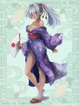  1girl :d bare_shoulders blue_kimono breasts cleavage dark-skinned_female dark_skin fireworks_print folding_fan full_body green_background grey_hair hair_intakes hand_fan holding holding_fan japanese_clothes kerberos_blade kimono kurutia_dorent large_breasts looking_at_viewer maki_(seventh_heaven_maxion) pointy_ears ponytail red_eyes sandals smile standing wide_sleeves 
