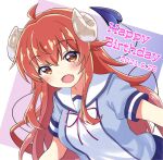  1girl 2021 ahoge blue_shirt blush brown_eyes brown_hair commentary curled_horns dated demon_girl demon_horns demon_tail dutch_angle eyelashes fang floating_hair hair_between_eyes happy happy_birthday highres horns long_hair looking_at_viewer machikado_mazoku open_mouth pink_background red_ribbon ribbon sailor_collar sanz_zzz school_uniform serafuku shirt short_sleeves sidelocks simple_background skin_fang smile solo tail two-tone_background upper_body very_long_hair white_background white_sailor_collar yoshida_yuuko_(machikado_mazoku) 