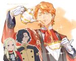  1girl 2boys 91007 anger_vein annoyed black_hair cup edelgard_von_hresvelg ferdinand_von_aegir ferdinand_von_aegir_(tea_party) fire_emblem fire_emblem_heroes holding holding_cup hubert_von_vestra multiple_boys official_alternate_costume orange_hair pouring purple_eyes tea teacup teapot white_hair 