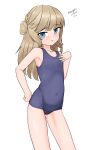  1girl absurdres aged_down blue_eyes blue_one-piece_swimsuit braid contrapposto dated feet_out_of_frame flat_chest french_braid hair_bun hand_on_own_chest highres kantai_collection light_brown_hair maru_(marg0613) old_school_swimsuit one-hour_drawing_challenge one-piece_swimsuit ranger_(kancolle) school_swimsuit single_side_bun solo swimsuit twitter_username 