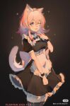  1girl absurdres alternate_costume animal_ears apron black_bow black_bowtie black_choker black_dress black_thighhighs bow bowtie cat_ears cat_tail choker commentary_request cowboy_shot dress enmaided floater_(floater80012059) highres honkai:_star_rail honkai_(series) kemonomimi_mode long_hair looking_at_viewer maid march_7th_(honkai:_star_rail) one_eye_closed pink_hair purple_eyes solo standing tail thighhighs waist_apron white_apron zettai_ryouiki 
