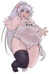  1girl aimitsu_(ibityuttyu) animal_ears asymmetrical_legwear blush breasts cameltoe character_request cleavage commentary_request copyright_request fake_animal_ears fat full_body grey_hair hair_between_eyes hairband large_breasts looking_at_viewer one-piece_swimsuit open_hands open_mouth ponytail purple_eyes simple_background single_thighhigh solo sweat swimsuit tareme thick_arms thick_thighs thighhighs thighs translation_request white_background 