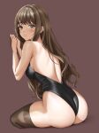  1girl absurdres ass bare_shoulders black_leotard black_one-piece_swimsuit blush breasts brown_background brown_eyes brown_hair brown_thighhighs closed_mouth commentary cowboy_shot hand_on_wall highres leotard long_hair looking_at_viewer one-piece_swimsuit original see-through_thighhighs sideboob simple_background sitting skin_tight solo strapless strapless_leotard strapless_swimsuit swimsuit thighhighs user_xjcv2877 