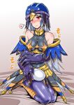  1girl bare_shoulders bird_legs black_leotard blush breasts duel_monster egg facial_hair feather_fingers grey_hair harpy heart helmet highres kneeling large_breasts leotard long_hair looking_at_viewer lyrilusc_-_recital_starling monster_girl red_eyes sangyou_haikibutsu_a smile solo spoken_heart star_(symbol) star_print winged_arms wings yu-gi-oh! 