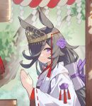  1girl alternate_costume animal_ears black_hair blush closed_mouth flower hair_flower hair_ornament hair_over_one_eye hands_up horse_ears japanese_clothes kimono long_hair long_sleeves looking_at_viewer outdoors own_hands_together palms_together purple_eyes purple_flower purple_rose ribbon-trimmed_sleeves ribbon_trim rice_shower_(umamusume) rope rose shide shimenawa smile solo split_mouth suimz tiara tree umamusume upper_body white_kimono wide_sleeves 