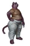  2023 anthro barefoot belly black_body black_fur black_hair bottomwear cettus clothed clothing feet felid female fur hair hand_on_hip hi_res holding_object mammal midriff overweight overweight_anthro overweight_female pantherine pants serafina_(cettus) shirt simple_background solo standing tail topwear white_background 