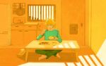  1boy barefoot blonde_hair bowl chainsaw_man chopsticks denji_(chainsaw_man) dining_room food highres holding holding_chopsticks light_rays looking_at_object meat open_mouth rice_bowl short_hair sitting solo tissue_box tuzaixia yellow_theme 
