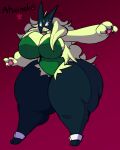  anthro atsuineko big_breasts blush breasts clothing female generation_9_pokemon green_body green_hair hair hi_res huge_breasts huge_thighs hyper hyper_hips hyper_thighs leotard mask meowscarada nintendo pokemon pokemon_(species) red_eyes solo thick_thighs wide_hips 